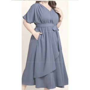 Dolman Sleeve Pocket Belted Surplice Neck Flutter Dress